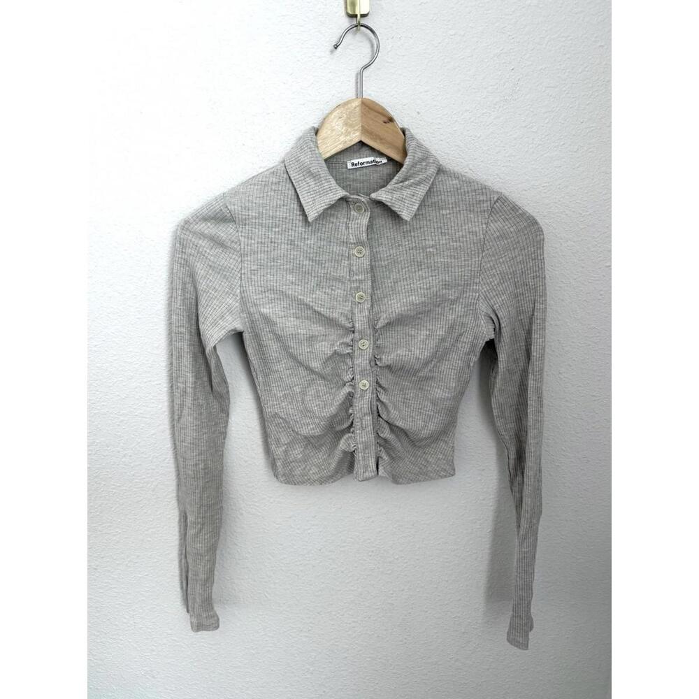 Reformation Gray Elin Knit‎ Top Ribbed Long Sleeve Cropped Button Down Size XS